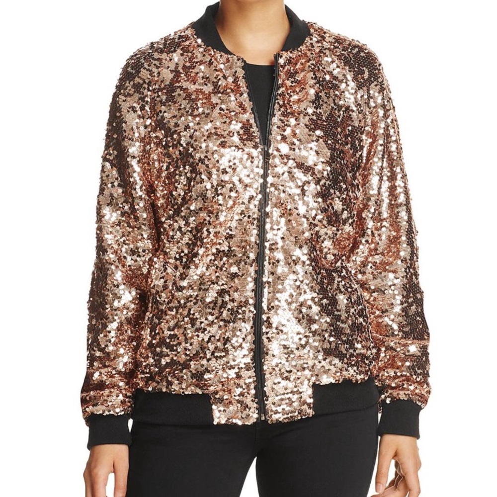 NWT Bagatelle Gold Sequin Bomber Jacket with Ribbed Details